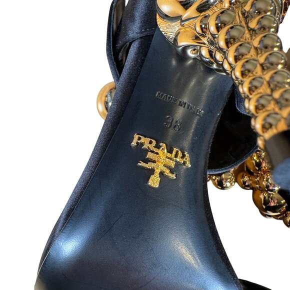 Prada Authentic Black Satin Embellished Gold Ball Mary Jane Heels Shoes Size 38 - Picture 12 of 14